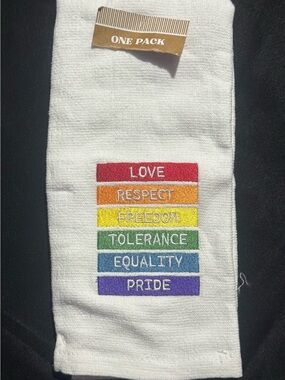 White Embroidered Rainbow Message Kitchen Towel - LOVE RESPECT FREEDOM